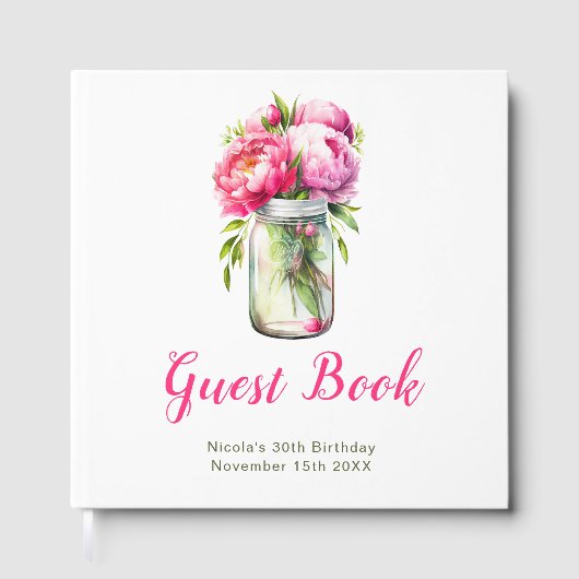 Pink Peonies Mason Jar Birthday Party Gastenboek (Voorkant)