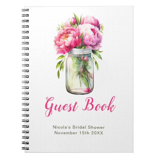 Pink Peonies Mason Jar Bridal Shower Guest Book Notitieboek (Voorkant)