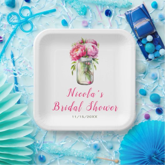Pink Peonies Mason Jar Vrijgezellenfeest Papieren Bordje (Feest)