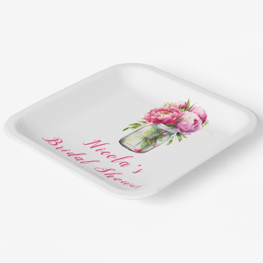 Pink Peonies Mason Jar Vrijgezellenfeest Papieren Bordje (Gebogen)