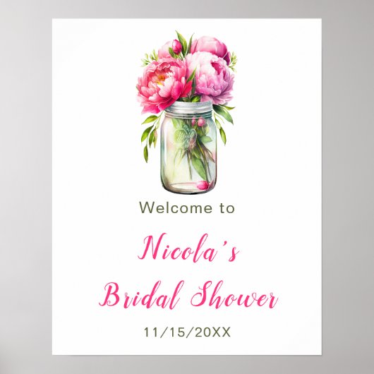 Pink Peonies Mason Jar Vrijgezellenfeest Welkom Poster (Voorkant)