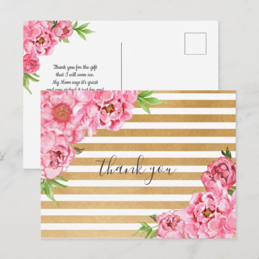 Pink Peonies meisje baby shower gedicht bedankt Briefkaart (Voorkant / Achterkant)