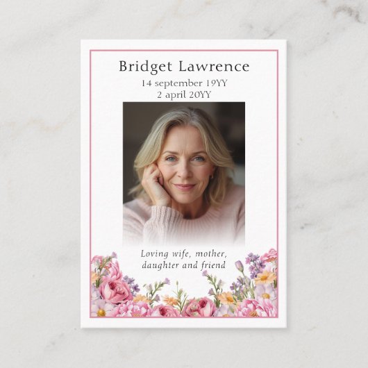Pink Peonies Memorial Photo Psalm 23 Prayer Card Visitekaartje (Voorkant)