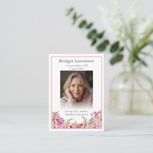 Pink Peonies Memorial Photo Psalm 23 Prayer Card Visitekaartje (Staand voorkant)