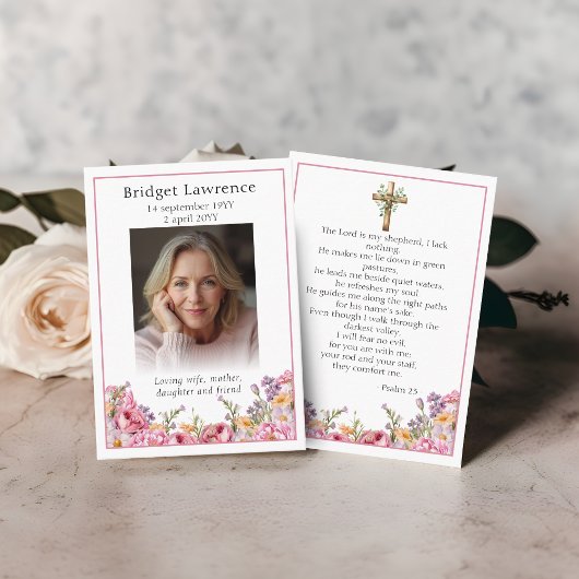 Pink Peonies Memorial Photo Psalm 23 Prayer Card Visitekaartje