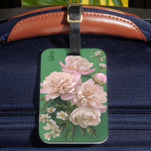 Pink Peonies Monogram Name Personalized Bagagelabel (Voorkant Insitu 2)
