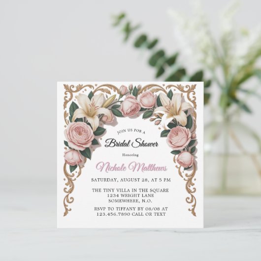 Pink Peonies Rococo Lijst Vrijgezellenfeest Kaart (Staand voorkant)