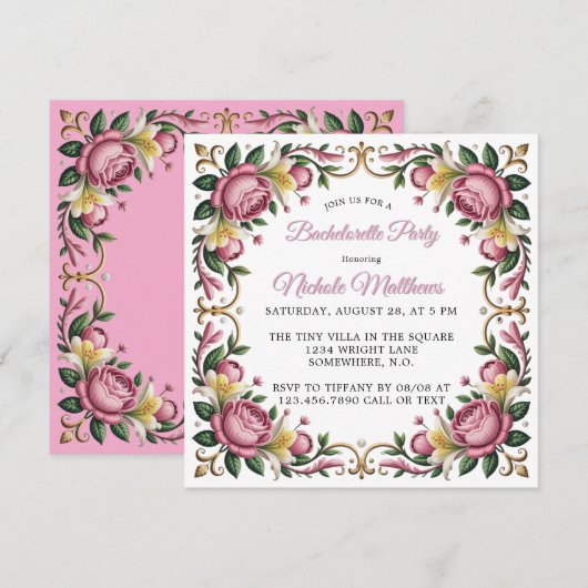 Pink Peonies Rococo Lijst vrijgezellenfeest Kaart (Voorkant / Achterkant)