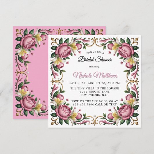 Pink Peonies Rococo Lijst Vrijgezellenfeest Kaart (Voorkant / Achterkant)