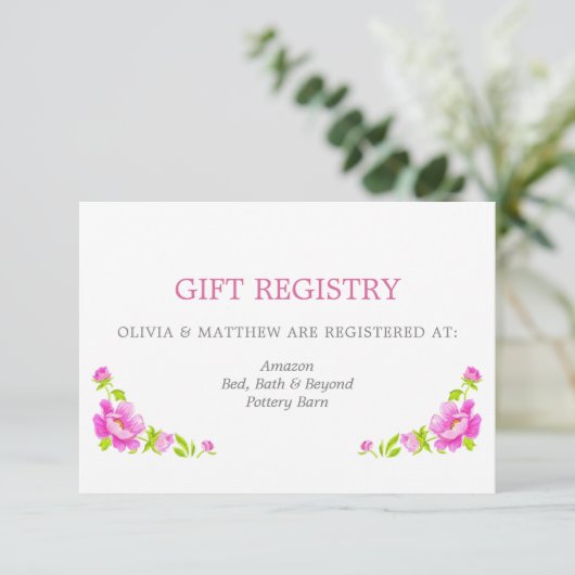 Pink Peonies Silver Wedding Gift Registry Informatiekaartje (Staand voorkant)