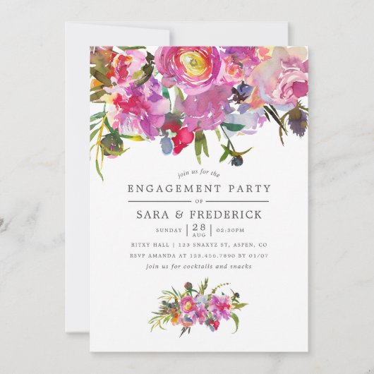  Pink Peonies Waterverf Engagement Party Kaart (Voorkant)