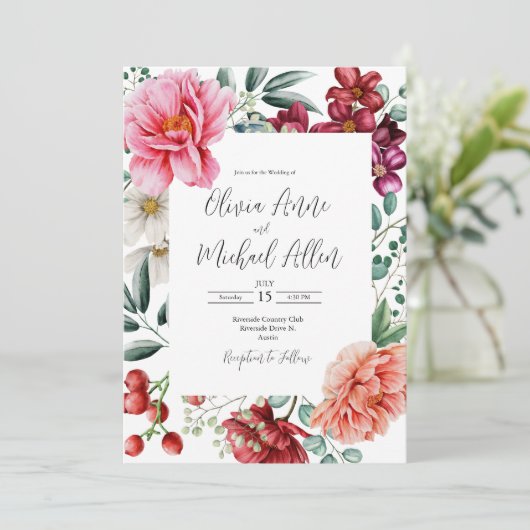  Pink Peonies Waterverf Floral Wedding Kaart (Staand voorkant)