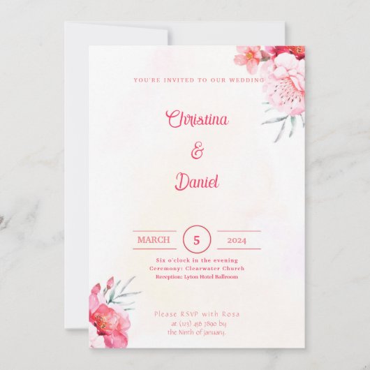 Pink Peonies Waterverf Wedding Invitations Kaart (Voorkant)