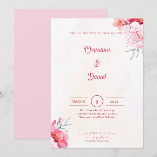 Pink Peonies Waterverf Wedding Invitations Kaart (Voorkant / Achterkant)