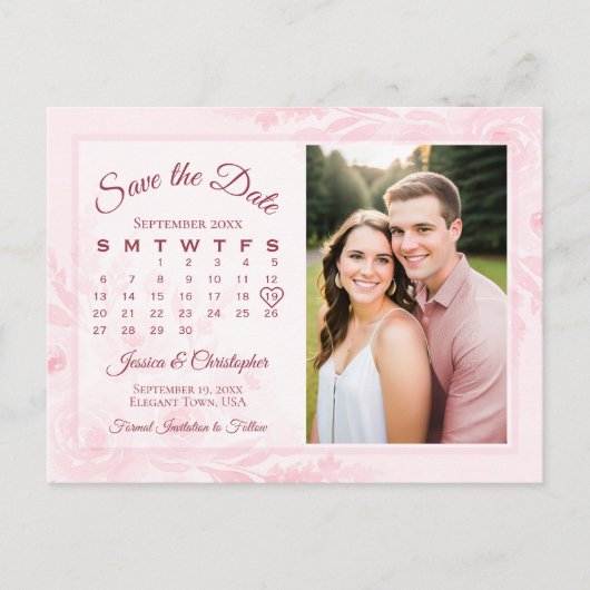 Pink Peonies Wedding Save the Date Calendar Photo Aankondigingskaart (Voorkant)