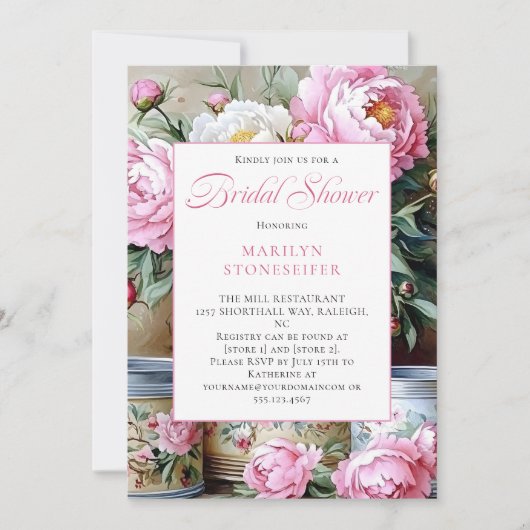 Pink Peonies White Daisies in Mason Jar Invitation Kaart (Voorkant)
