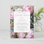 Pink Peonies White Daisies in Mason Jar Invitation Kaart (Staand voorkant)