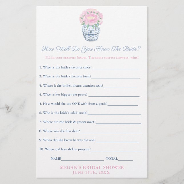 Pink Peonies Who Knows Bride The Best Game Sheet (Voorkant)