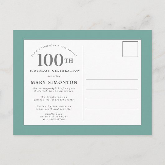 Pink Peony 100th Birthday Uitnodiging Briefkaart (Achterkant)