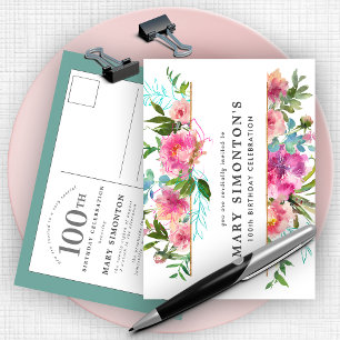 Pink Peony 100th Birthday Uitnodiging Briefkaart