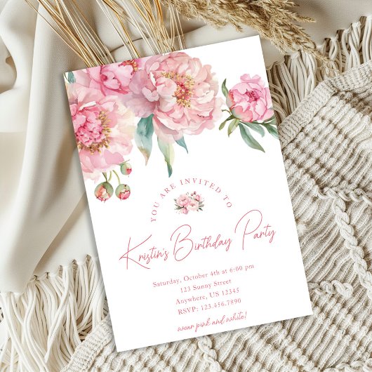Pink Peony 30th Birthday Invitation Kaart