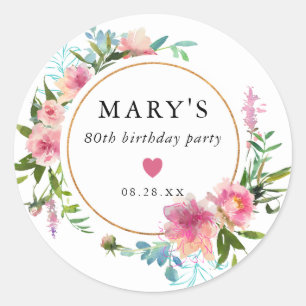 Pink Peony 80th Birthday Party Favor Ronde Sticker