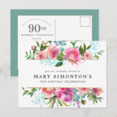 Pink Peony 90ste verjaardag Uitnodiging Briefkaart (Voorkant / Achterkant)