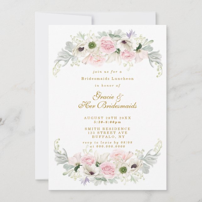 Pink Peony Anemone Bridesmaids Luncheon Invite (Voorkant)