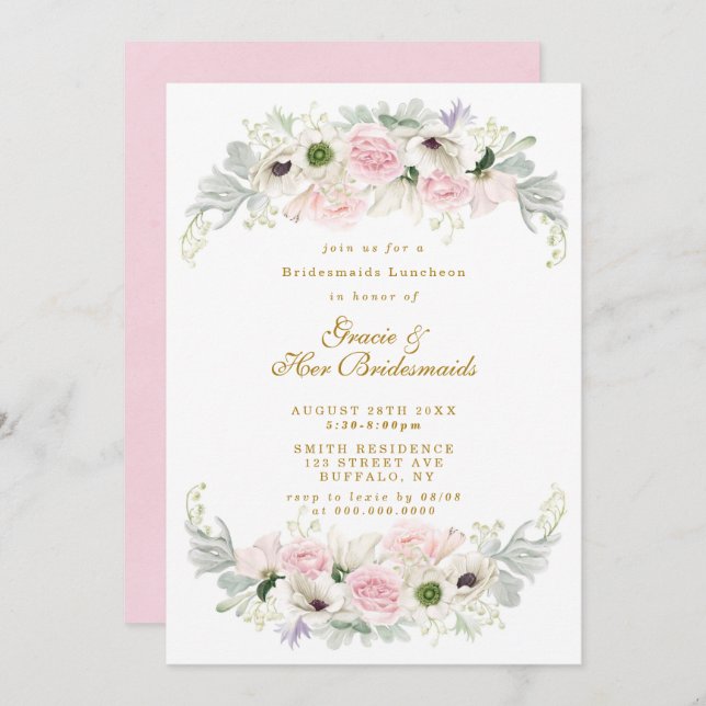 Pink Peony Anemone Bridesmaids Luncheon Invite (Voorkant / Achterkant)