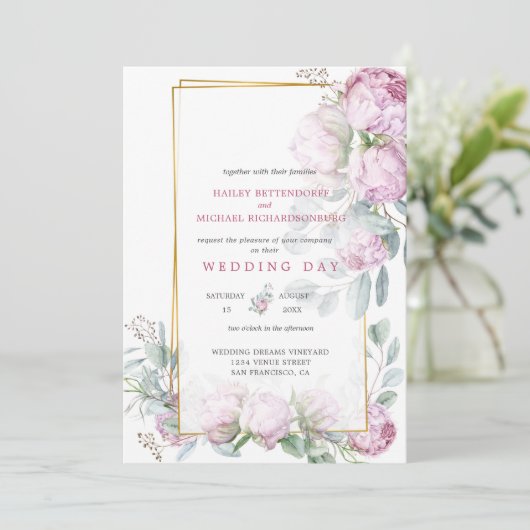 Pink Peony Bliss Wedding Kaart (Staand voorkant)
