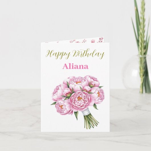 Pink Peony Bouquet Aangepaste naam & Tekst  Meisje Kaart (Voorkant)