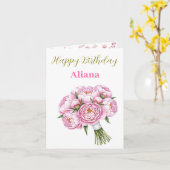 Pink Peony Bouquet Aangepaste naam & Tekst  Meisje Kaart (Gele Bloem)