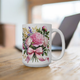 Pink Peony Bouquet Mug, Elegant Floral Coffee Cup Koffiemok