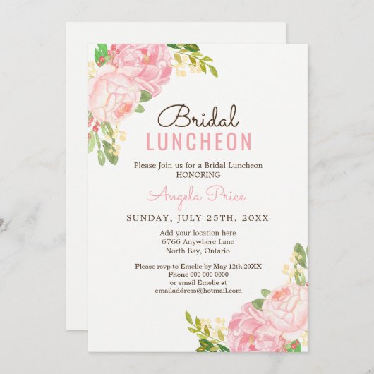 Pink Peony Bridal Luncheon Uitnodigingen (Voorkant / Achterkant)
