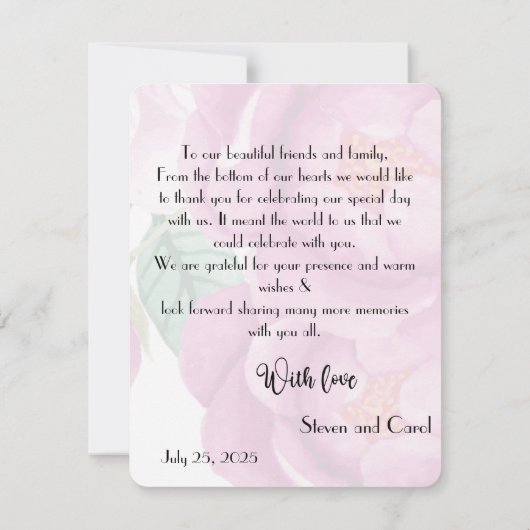 Pink peony bruiloft bedankt kaart (Achterkant)
