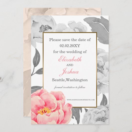 Pink Peony bruiloft, behalve de datum Save The Date (Voorkant / Achterkant)