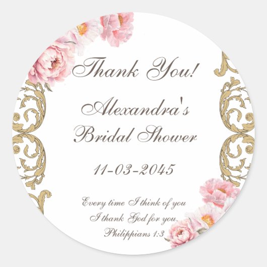 Pink Peony Christian Bridal Shower Thank You Ronde Sticker (Voorkant)