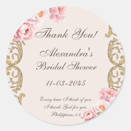 Pink Peony Christian Bridal Shower Thank You Ronde Sticker (Voorkant)