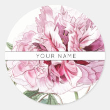 PINK PEONY CLASSIC ROUND CUSTOM NAME STICKER