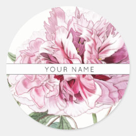 PINK PEONY CLASSIC ROUND CUSTOM NAME STICKER
