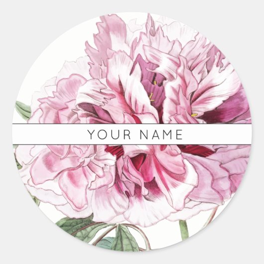 PINK PEONY CLASSIC ROUND CUSTOM NAME STICKER (Voorkant)