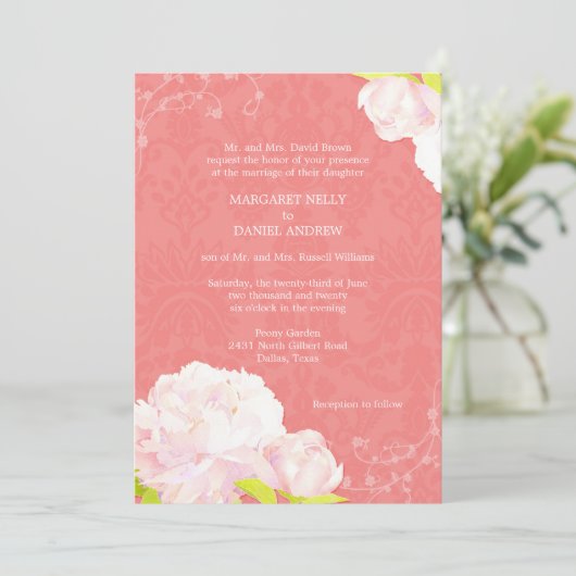 Pink Peony Coral Shades Wedding Kaart (Staand voorkant)