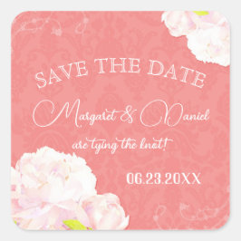 Pink Peony Coral Wedding Save the Date Vierkante Sticker