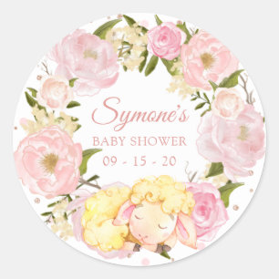 Pink Peony en Roos Gold Lamb Polkadot Baby shower Ronde Sticker