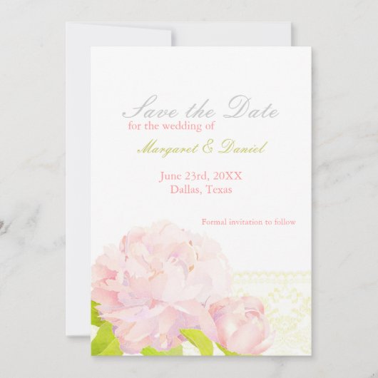 Pink Peony Faux Lace Wedding Save the Date (Voorkant)