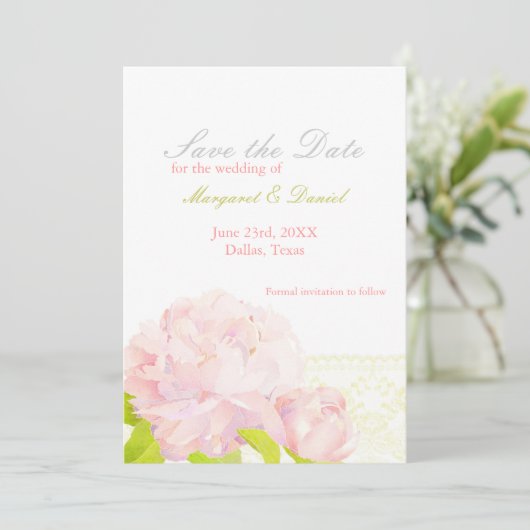 Pink Peony Faux Lace Wedding Save the Date (Staand voorkant)