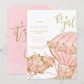 Pink Peony Floral Balloon Baby shower Kaart (Voorkant / Achterkant)