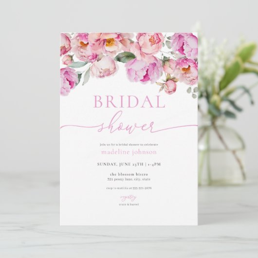 Pink Peony Floral Bridal Shower Kaart (Staand voorkant)