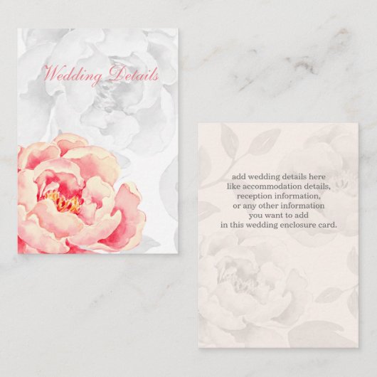 Pink Peony Floral bruiloft details Informatiekaartje (Voorkant / Achterkant)