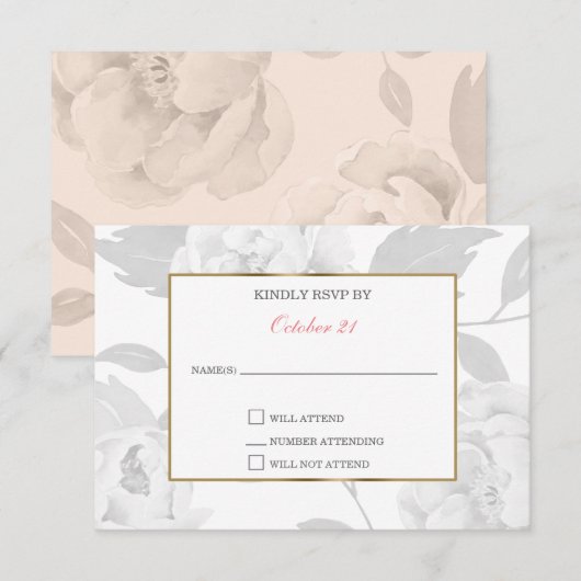 Pink Peony Floral bruiloft RSVP-kaarten RSVP Kaartje (Voorkant / Achterkant)